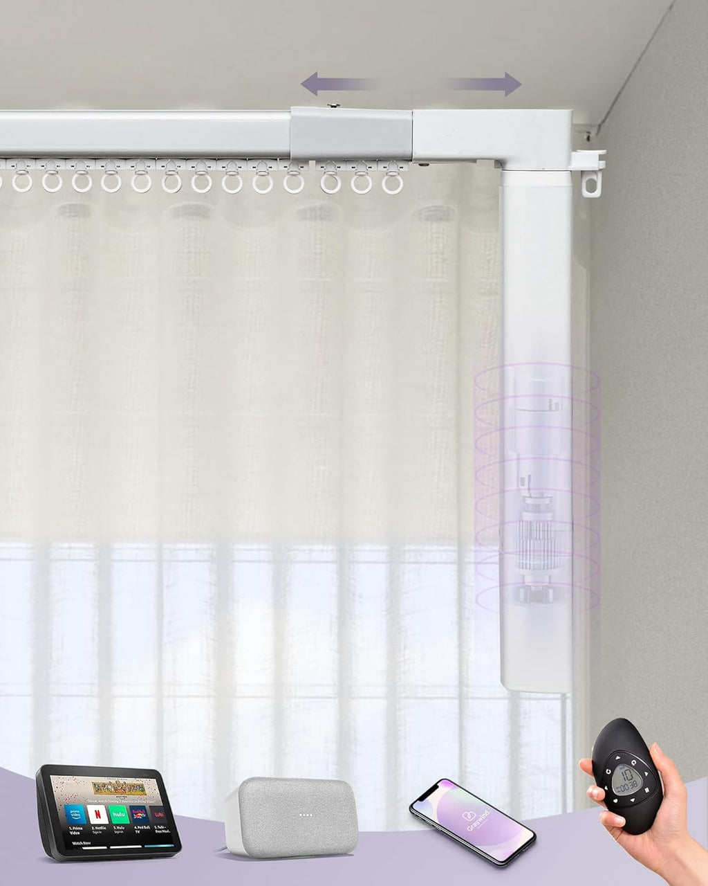 Graywind Retractable Smart Curtain Track Motorized Center-Opening Rail, Smart Curtains System Compatible with Alexa/Google Home (70-118inch)