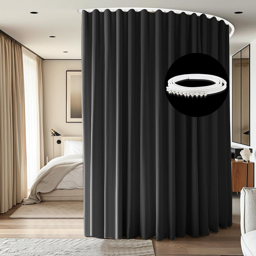 Room Divider Ceiling Mounted Curtains Track Sets Extra Wide Blackout Curtain Flexible Tracks for Bedroom Privacy Partition Separator, 1 Panel Black Drape and White Rail, W15 x H8ft