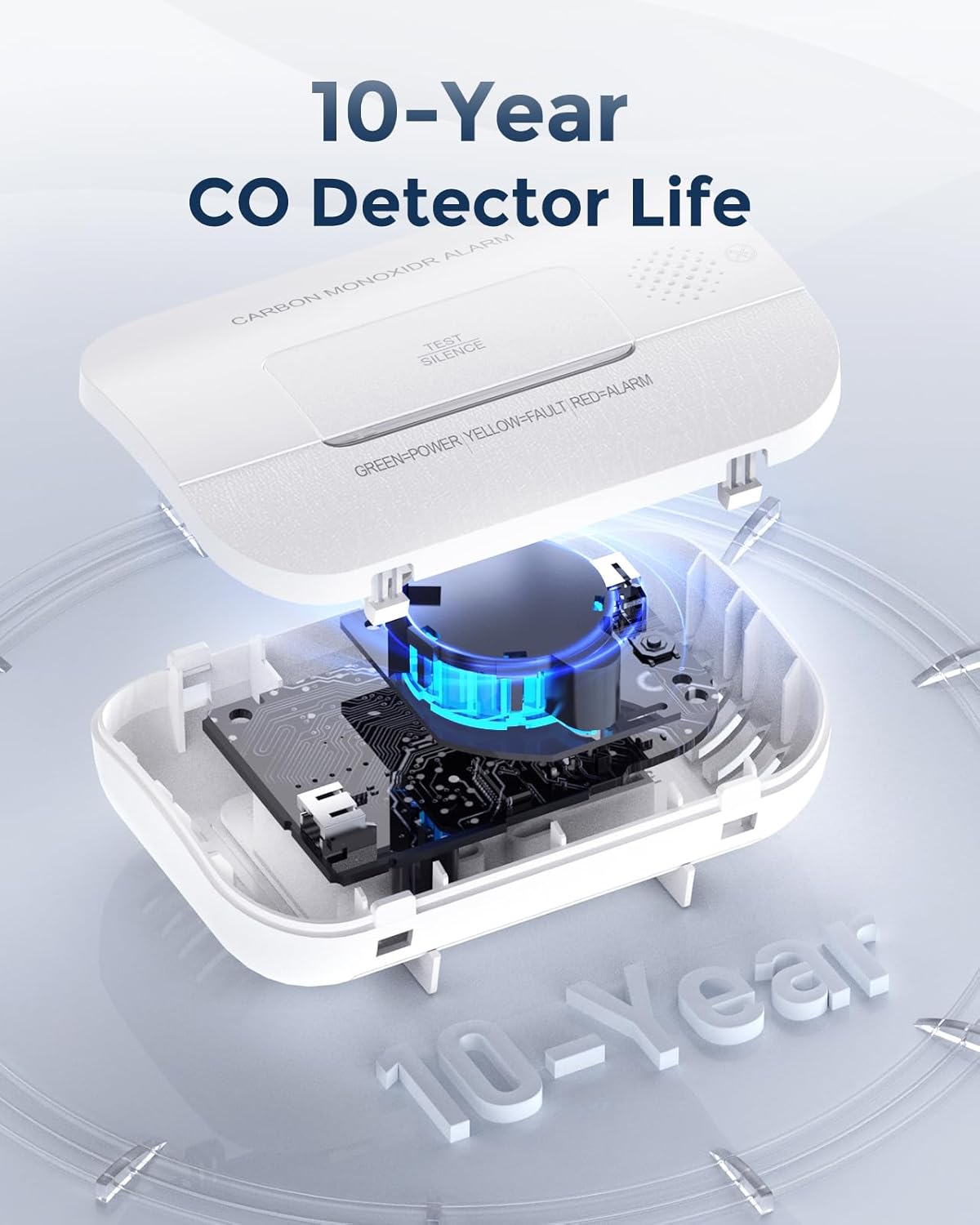 Ecoey Carbon Monoxide Detectors, 10-Year CO Detector with Human Alarm Sounds and Test Button, Carbon Monoxide Alarm with Electrochemical Technology and Low Battery Signal for Home, FJ127, 4 Packs