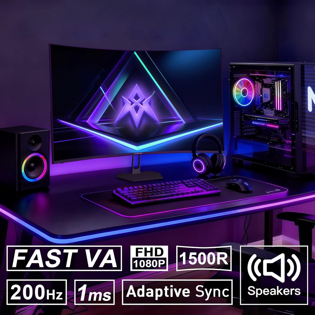 Amzfast 27 inch 200Hz Curved Gaming Monitor, FHD 1080P Computer Monitor with Built-in Speakers, MPRT 1ms with Fast VA Panel | 130% sRGB, 3000:1,1500R | 12 Months Warranty Exchange