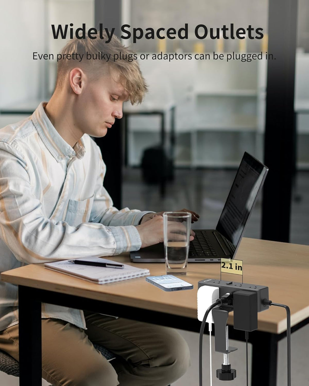 Desk Clamp Power Strip 15FT, Desktop Edge Mount Charging Station with 9 AC Outlets, 1700J Under Desk Surge Protector, Fit 2.75" Tabletop, Extension Cord for Home Office, Black