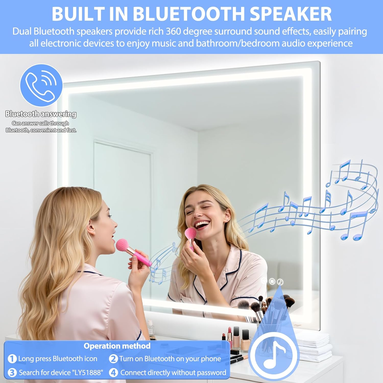 24" Round LED Bathroom Mirror with Anti-Fog & Touch Switch - 60x60cm Wall-Mounted Makeup Vanity Mirror, No Drilling Required, Smart Display (Square)