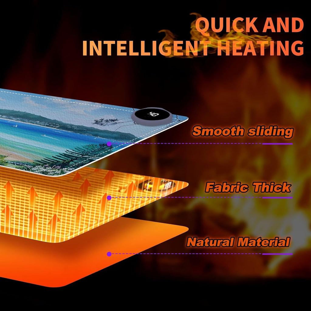 Heated Mouse Pad, Warm Desk Pad, Keyboard Mat 23.6 x 14 Inch Large Size Intelligent Fast Heating, 3 Speed Adjustable, Timed Auto Power Off for Game Office Home, Blue Sea Level Beach Woods