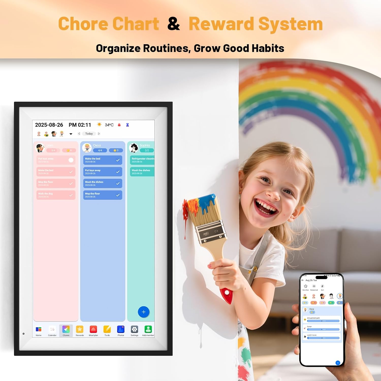 Digital Calendar 15.6" Smart Calendar&Chore Chart, 1920*1080 Interactive Touchscreen Electronic Calendar for Family Schedules, 64GB Wifi Meal Planner, Wall&Desk Mountable, 2025 Calendar-Black