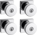 Kwikset Pismo Entry Door Knob with Lock and Key, Secure Keyed Handle Exterior, Front Entrance and Bedroom, Polished Chrome, 4 Pack, Pick Resistant SmartKey Rekey Security