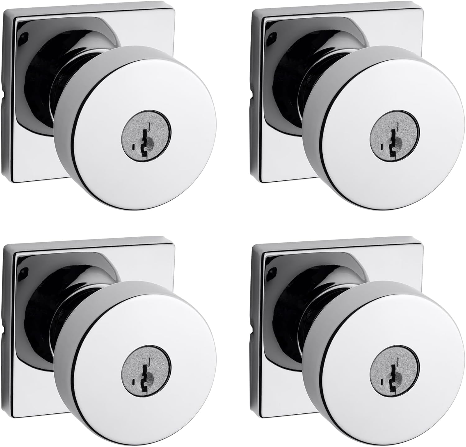 Kwikset Pismo Entry Door Knob with Lock and Key, Secure Keyed Handle Exterior, Front Entrance and Bedroom, Polished Chrome, 4 Pack, Pick Resistant SmartKey Rekey Security