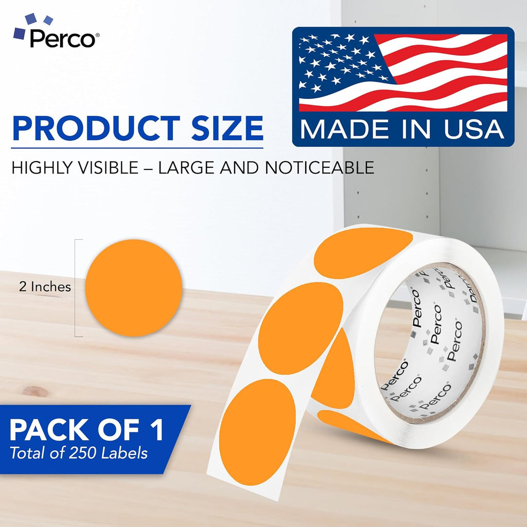 Perco Fluorescent Orange 2-Inch Perforated Circle Dot Sticker Labels — 250 Round Stickers Per Roll — with Permanent Adhesive for Organizing, Color Coding, Bin Labeling, Packaging Alerts — Made in USA