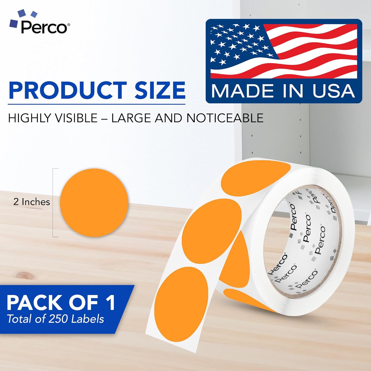 Perco Fluorescent Orange 2-Inch Perforated Circle Dot Sticker Labels — 250 Round Stickers Per Roll — with Permanent Adhesive for Organizing, Color Coding, Bin Labeling, Packaging Alerts — Made in USA