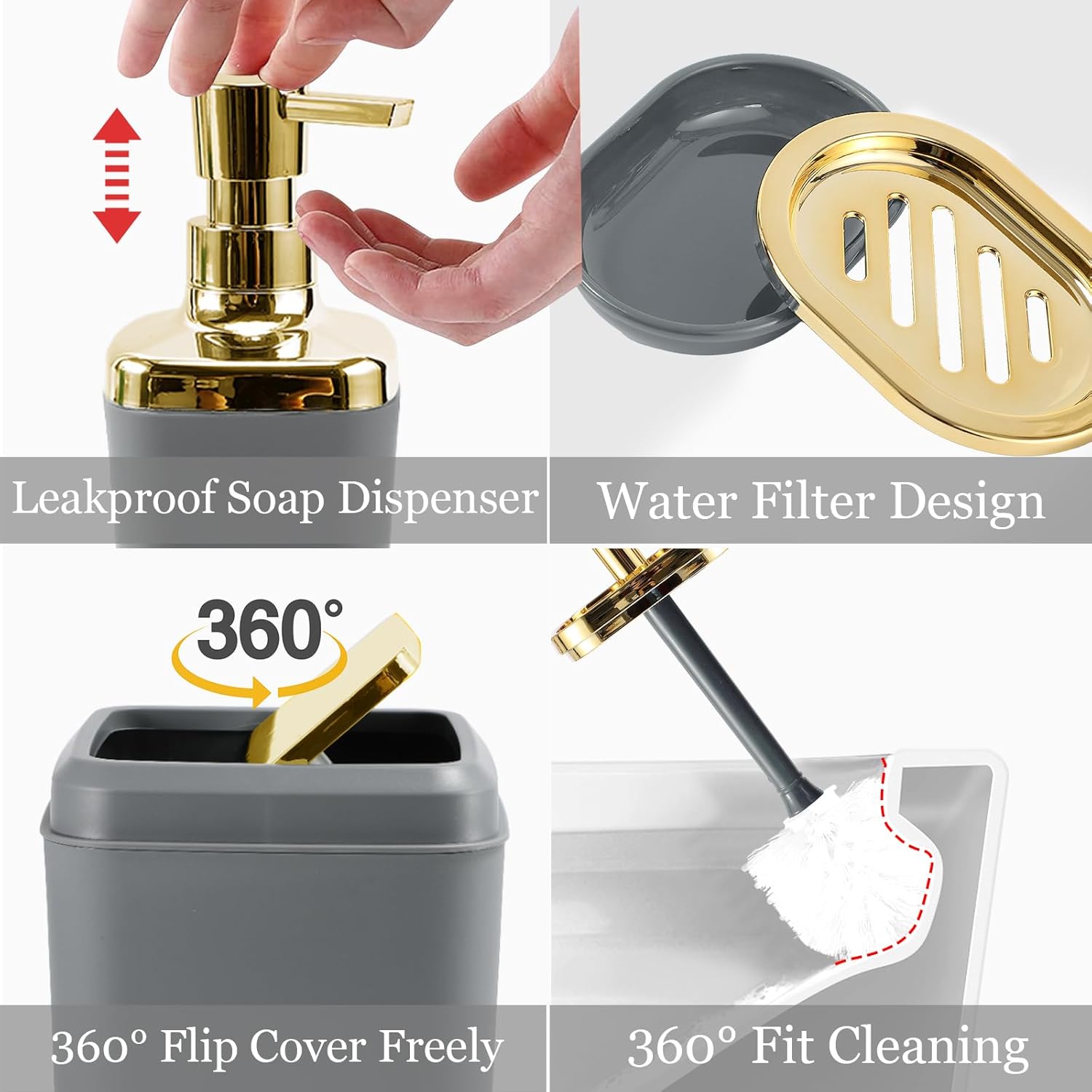 Bathroom Set - Grey and Gold Bathroom Accessories Set, Bathroom Sets with Shower Curtain and Rugs, Grey Shower Curtain Set with Bathroom Trash Can, Soap Dispenser, Soap Dish for Home Decor