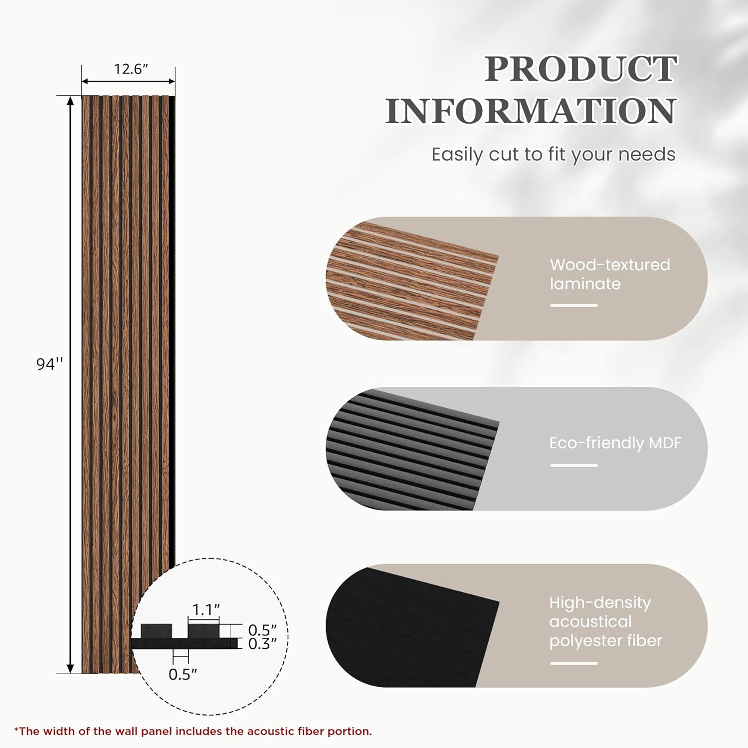 Wood Salt Acoustic Wall Panels, 4 Piece 94" x 12.6" x 0.8" Soundproof Wooden Wall Panels, 3D Fluted Sound Absorbing Panel, Red Oak