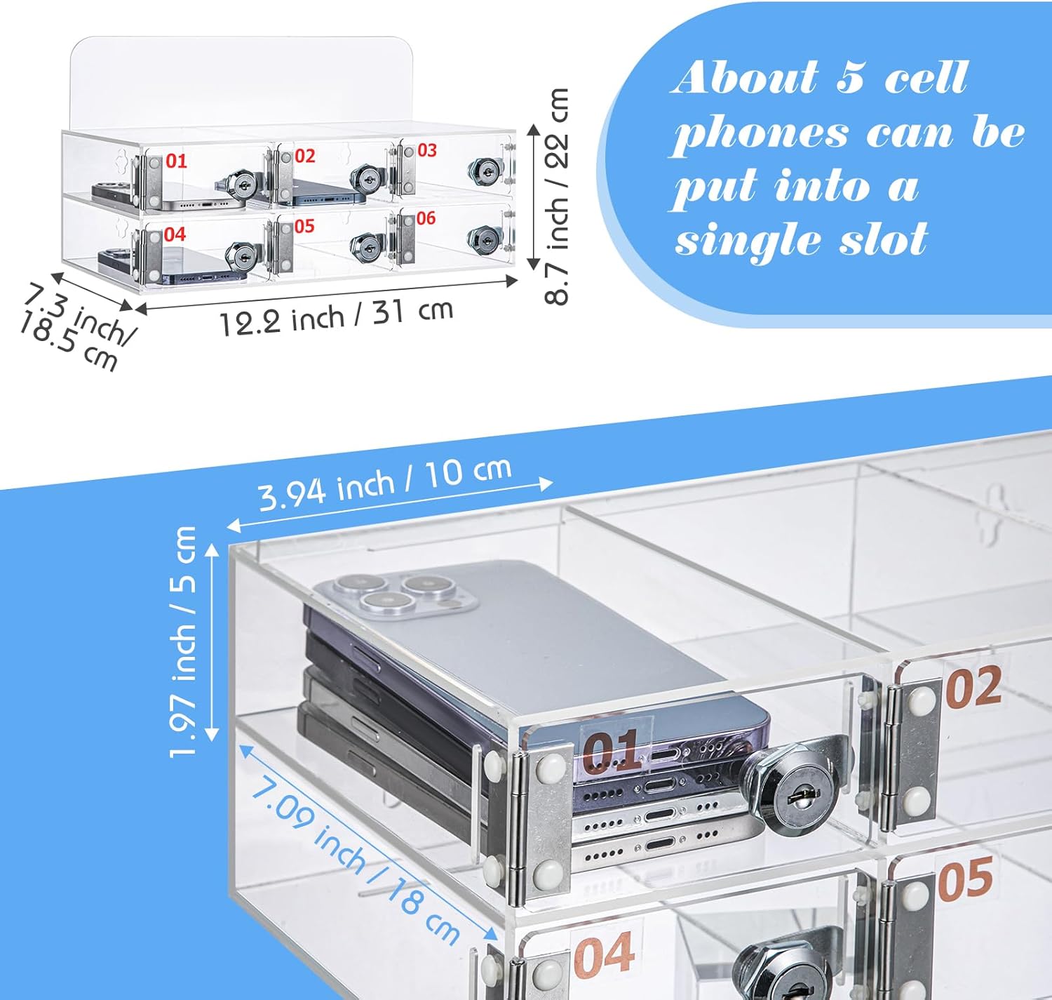 Threan Cell Phone Locker Box for Classroom with Door Locks and Keys Clear Acrylic Phone Jail Storage Cabinet Wall Mounted for School Factory Office(6 Slot)