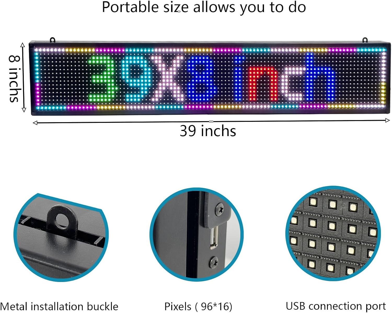 Scrolling LED Sign Programmable USB Wifi Small Indoor Outdoor Digital Bar Sign Display Stock Customizable Electronic Message Board for Business Screen Panel(39"X8")