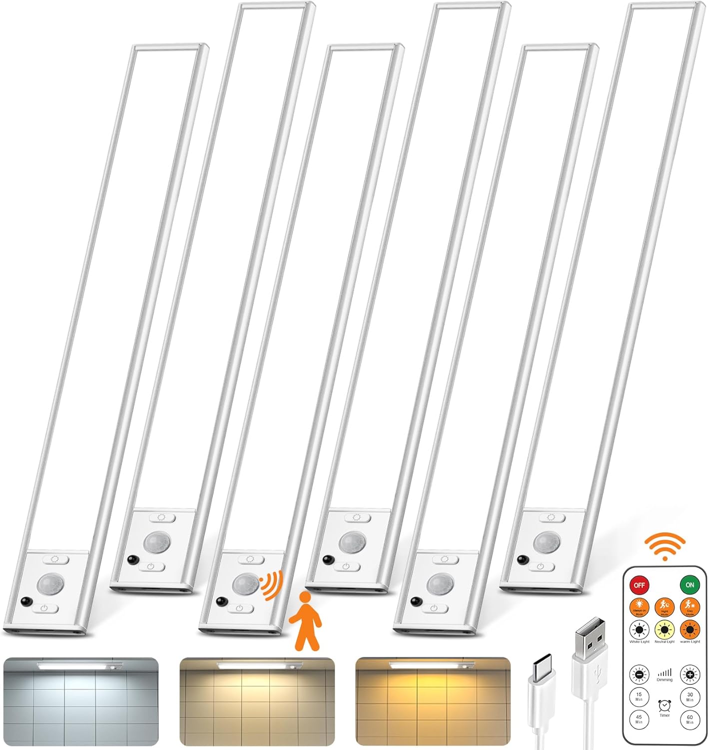 Under Cabinet Lighting with Remote Control,2500mAh USB Rechargeable Motion Sensor Light Indoor,350 Lumen LED Closet Light,3 Color Temps Wireless Under Counter Lights for Bedroom,Wardrobe,Stairs,6 Pack