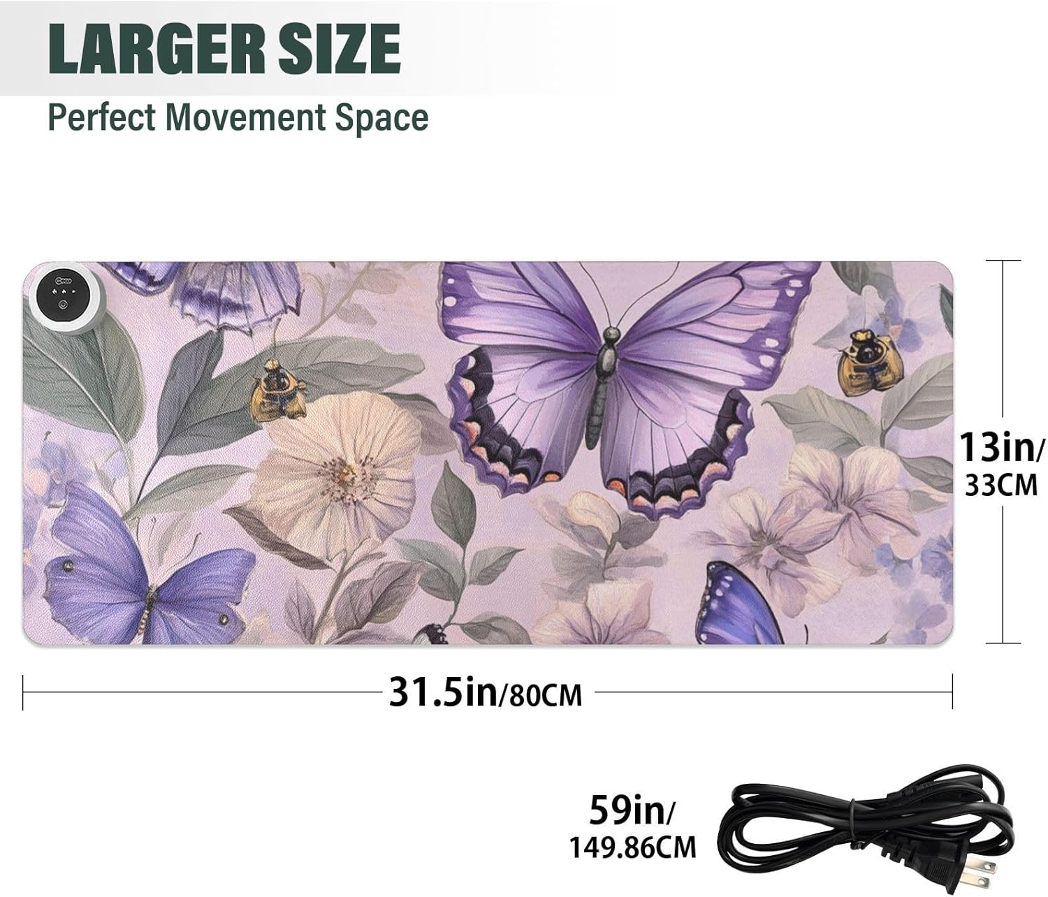 Heated Desk Pad Mouse Pad 31.5x13 Inch PU Leather Desk Mat with 3 Heat Levels Large Mouse Gaming Computer Laptop Mat Floral Purple Butterflies Bees
