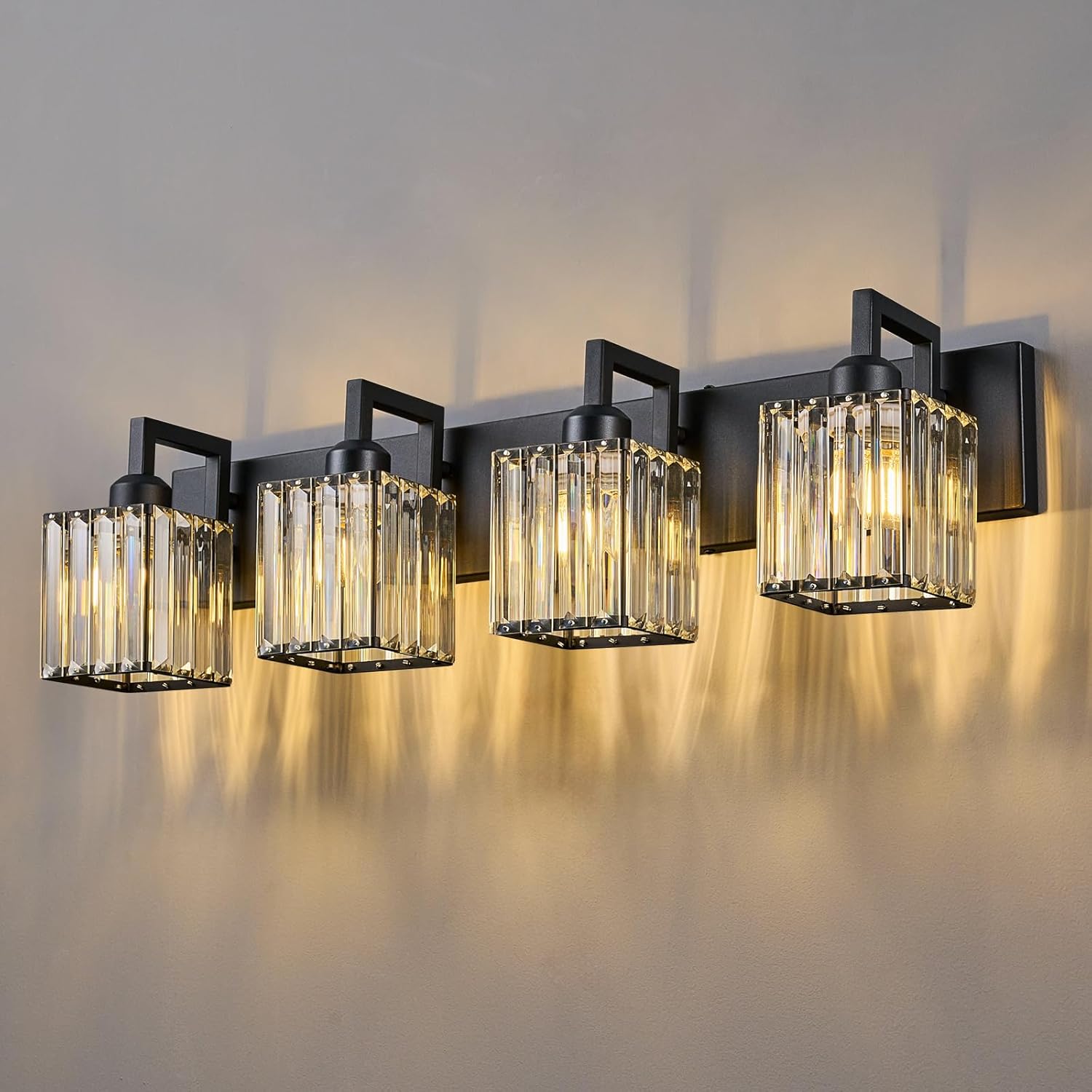 Black Bathroom Light Fixture, 4-Light Crystal Vanity Lighting, Bathroom Lighting Fixtures Over Mirror, Modern Crystal Wall Lamp