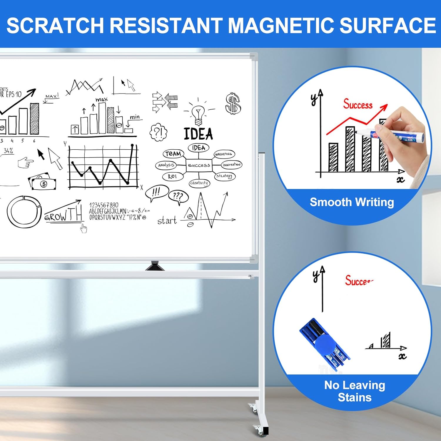 96"x48" Large Magnetic White Board Dry Erase Whiteboard with Rolling Stand 8’x4’ Double-Sided Mobile White Boards on Wheels, Including 3 Magnetic Erasers, 7 Markers, 30 Magnets