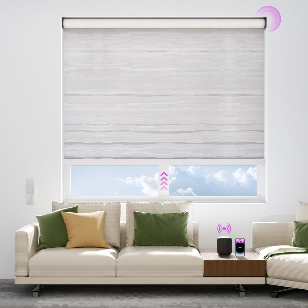 Astomi Motorized Blinds with Remote - Blackout Smart Roller Shades Compatible with Alexa & Goggle Home, Solar Rechargeable, Custom Size 22" - 100" for Indoor Window, Silver Grey