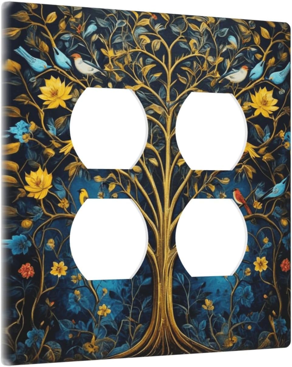 Decorative Outlet Covers Gold Tree of Life Blue Bird Yellow Flower 2 Gang Wall Plate Double Duplex Light Switch Cover Switch Plate Covers Faceplate for Bedroom Home Decor