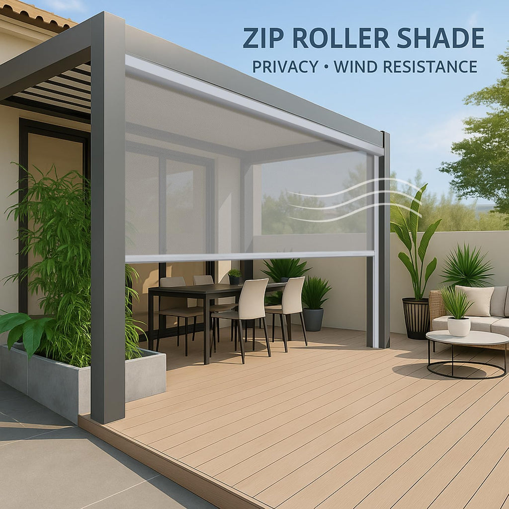 ZSHINE Hard-Wired Outdoor Snow Blocking Weatherproof Motorized Patio Roller Shades Remote Control for Porch Balcony Customized Size (White 30% Openness)