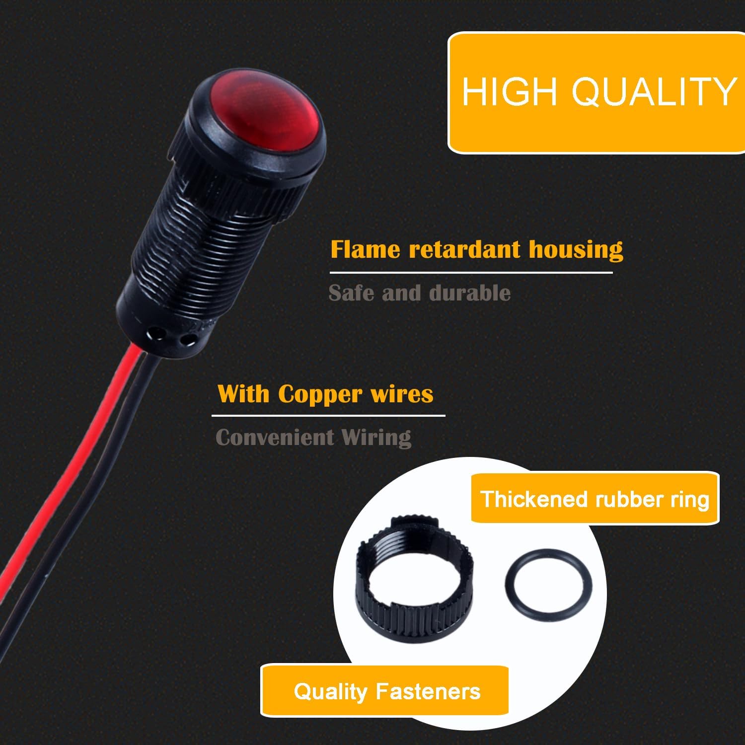 5pcs 10mm LED Indicator Light Plastic Black Signal Dot Lamp 12V-24V 2/5" Mounting Hole Size with 15cm/5.9in. Wire (Red LED)
