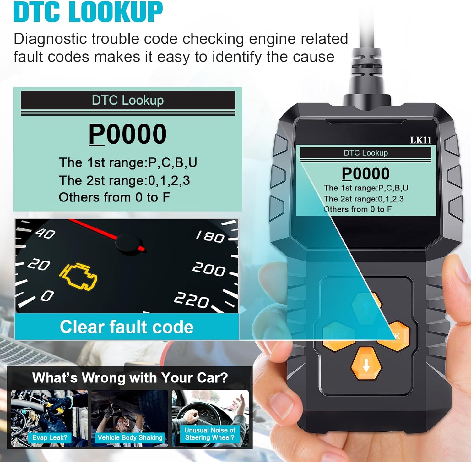 OBD2 Scanner Ease Setup Plug-Play: Clear Reset Engine Error Code Professional Code Reader Diagnostic Scan Tools with Freeze Frame/I/M Readiness for Cars Since 1996 & Newer - LK11