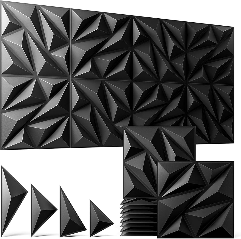 16 Pack 3D Wall Panels for Interior Wall Decor, 11.8'' x 11.8'' Decorative Wall Panels, Accent Wall Panels, 3D Diamond Design Wall Decor for Living Room, Bedroom, Gaming Room, Black