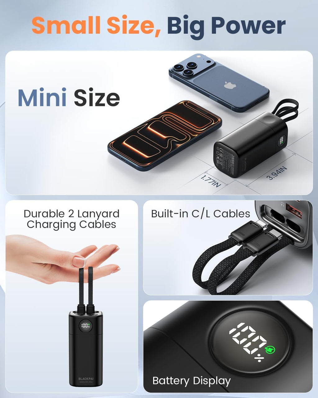 Portable Power Bank 20,000mAh, PD 35W Portable Charger Super Fast Charging with 2 Built-in Cables, USB-C Digital Display Battery Pack for iPhone Air 17/16/15/14/13, Portable Travel Charger