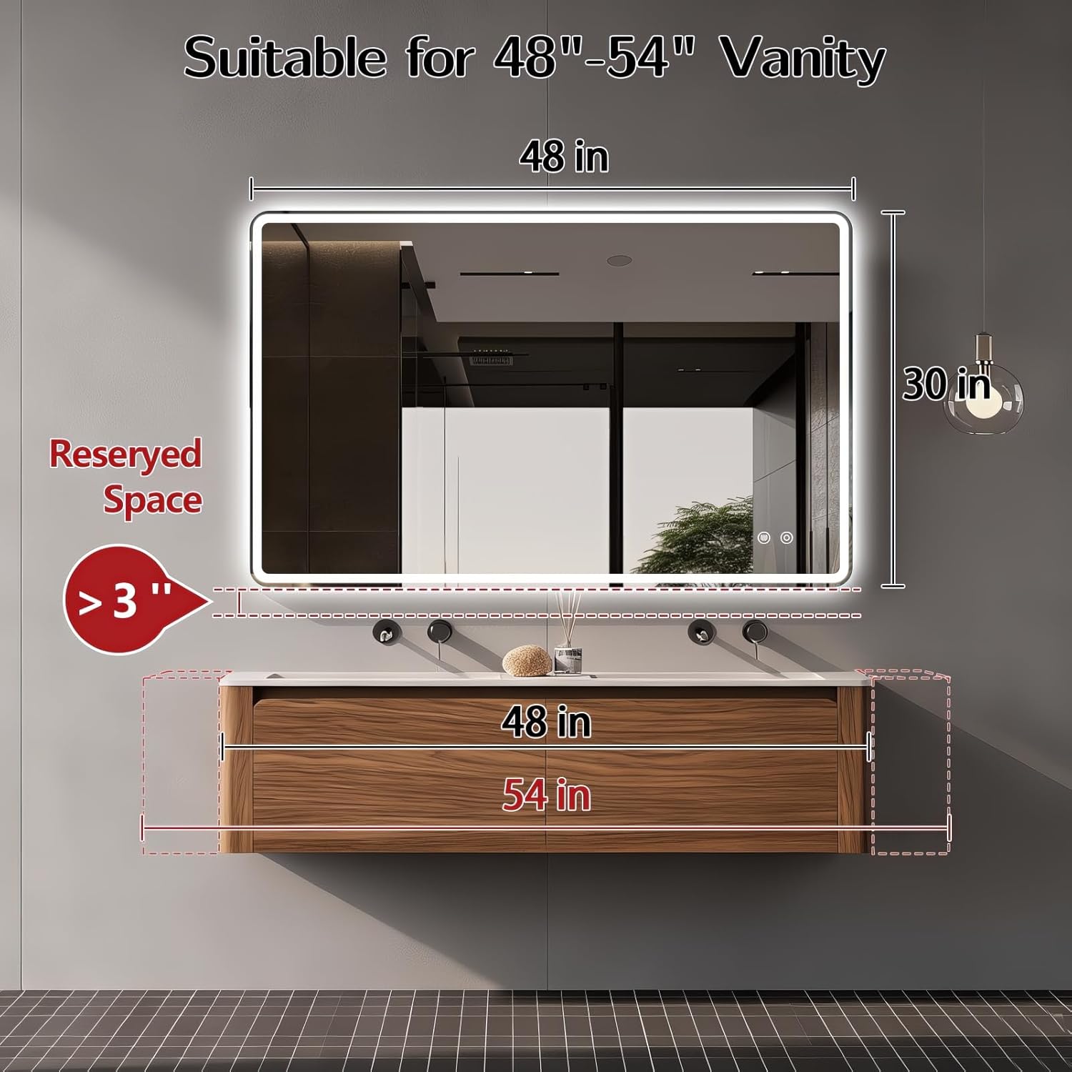 Niccy 30"x48" LED Bathroom Mirror, Rectangle Vanity Mirrors with Lights, Frontlit & Backlit Lighted Vanity Mirror, Memory Funtion, 3 Colors & Stepless Dimmable, Anti-Fog, Horizontal/Vertical