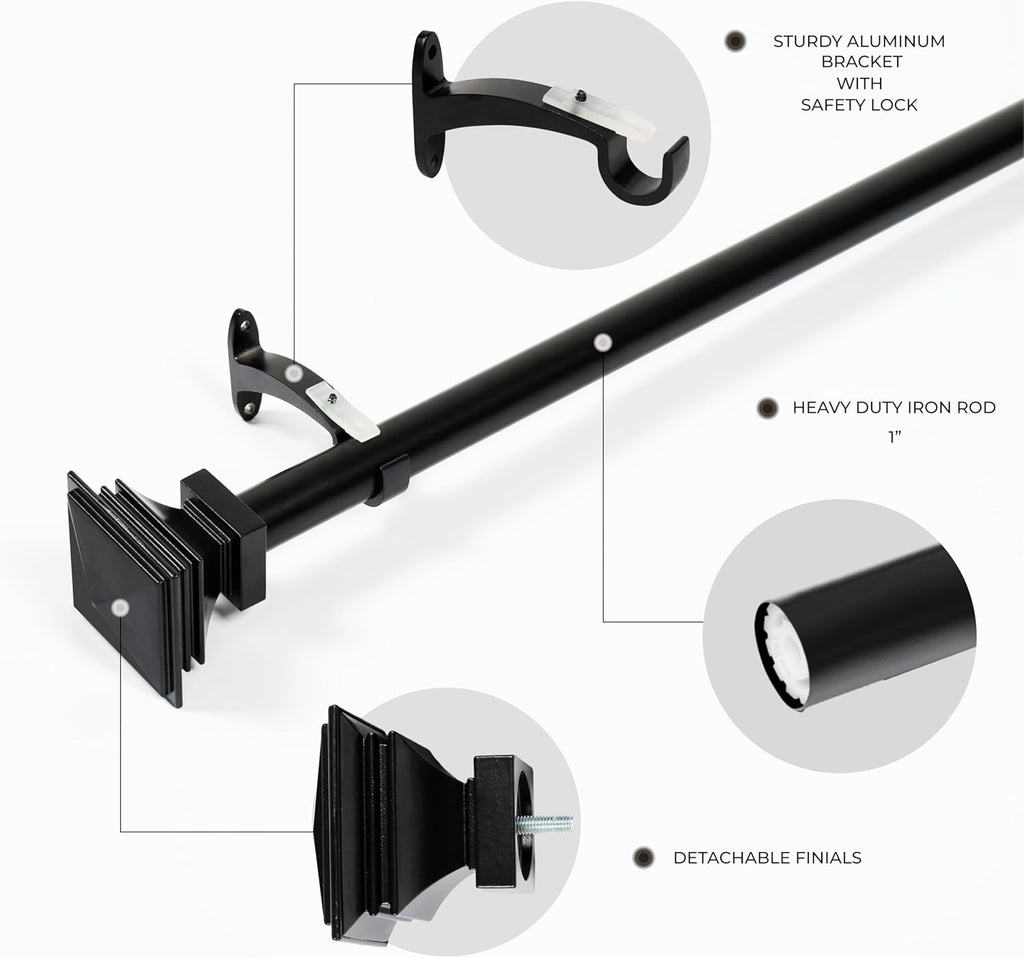 Deco Window Adjustable Curtain Rod for Windows 44 to 120 Inch (Pack of 1) Extendable Heavy Duty 1 Inch Iron Drapery Pole with Finials Wall Mounted French Door Curtain Rods (Black)