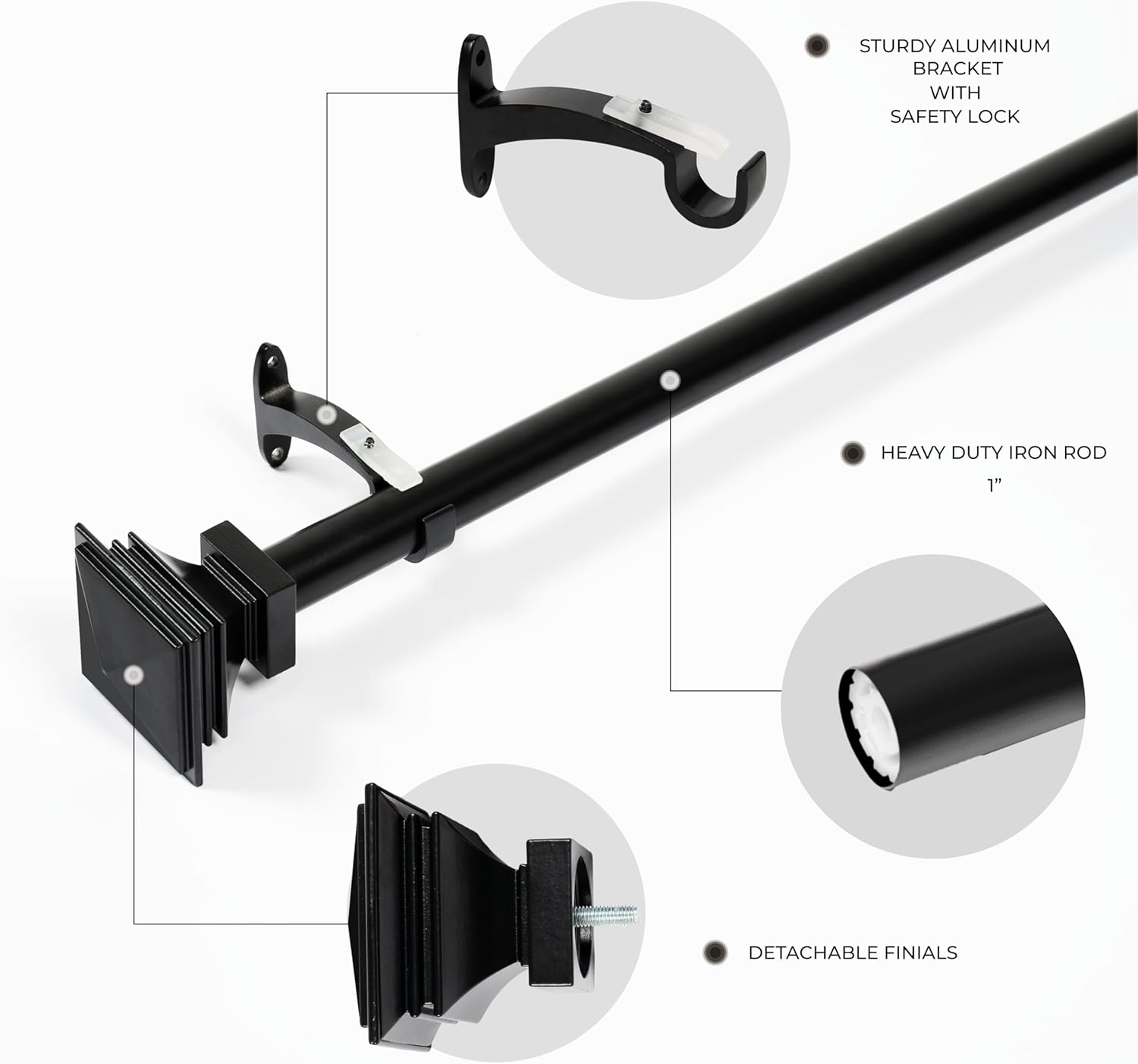 Deco Window Adjustable Curtain Rod for Windows 44 to 120 Inch (Pack of 1) Extendable Heavy Duty 1 Inch Iron Drapery Pole with Finials Wall Mounted French Door Curtain Rods (Black)