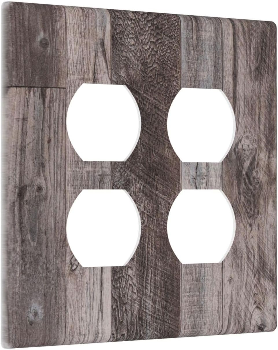 Outlet Covers Rustic Dark Grey Wood Retro Country Wooden 2 Gang Double Duplex Decorative Light Switch Covers Electrical Wallplates Socket Faceplate for Farmhouse Cabin Decor