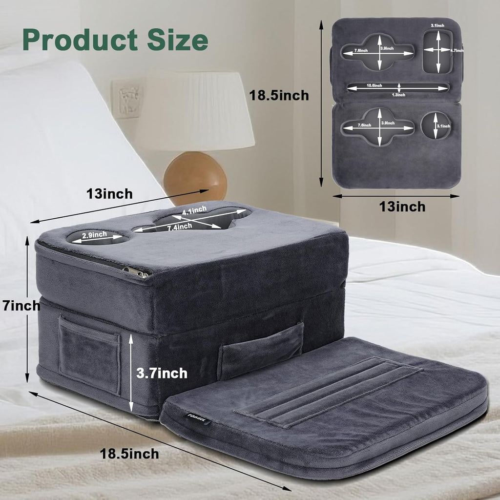 2IN1 Couch Cup Holder Pillow - Sofa Cup Holder Pillow with 7 Holes and Side Pocket | Couch Caddy for Cups, Headphones, Snacks and Phones | Use it on Car, Pack, Beach, RV - Gray
