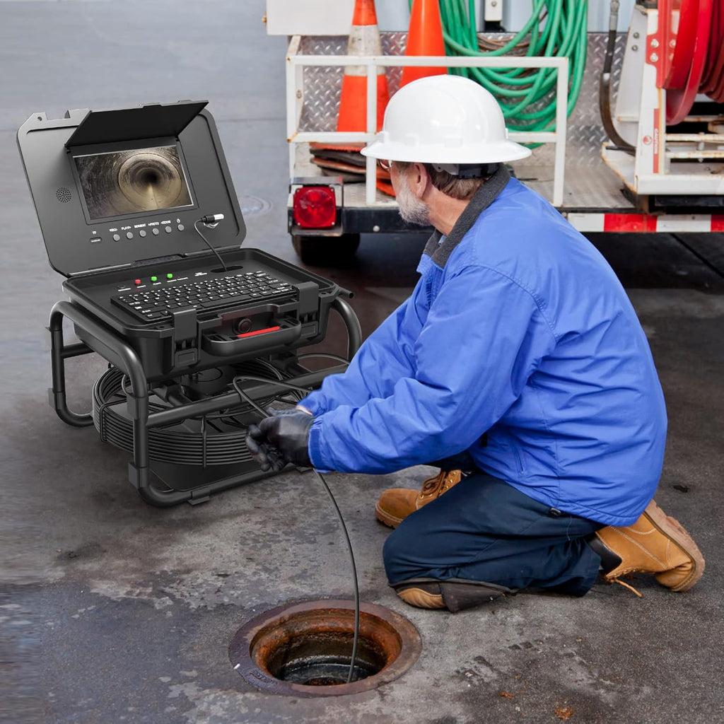 Sanyipace Sewer Camera 165FT/50M with 512Hz Transmitter, Self-Leveling, Distance Counter, Plumbing Inspection Camera with Microphone Speaker Audio Video Record, 16GB TF Card, Pipe Pulley (7mm Cable)