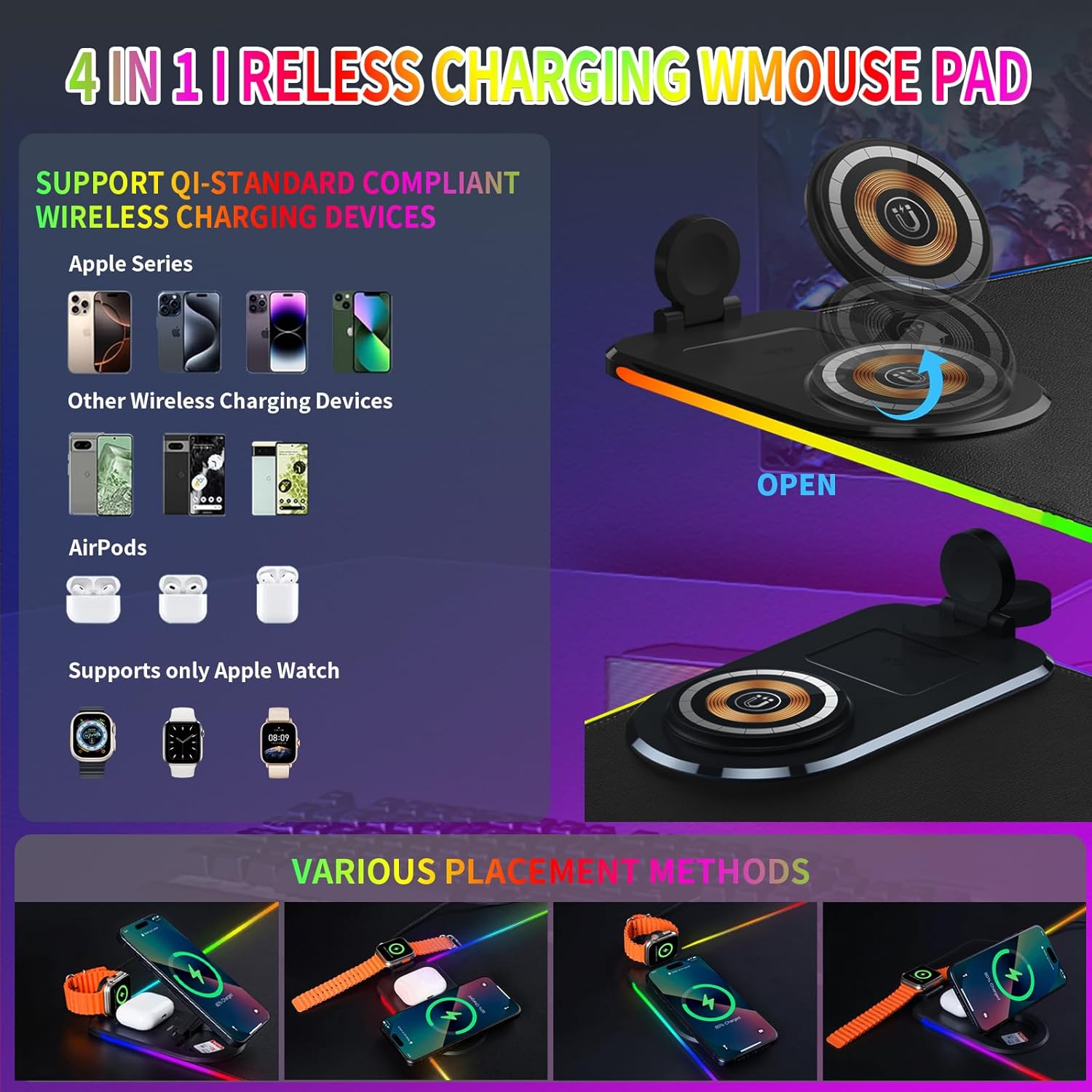 15W Fast Wireless Charging Mouse Pad, XXL RGB Gaming Desk Mat (31.5x15.7in) with Power Adapter & USB-C Cable，15 RGB Light Modes Desk Mat, Waterproof Keyboard Pad for PC/MacBook/Laptop (Black)
