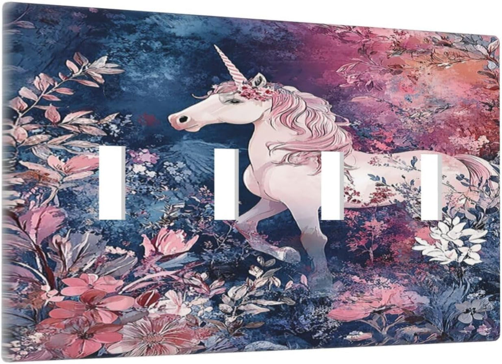 Light Switch Cover Plate Fantastic Pink Unicorn Wildflower Forest 4 Gang Quad Toggle Wall Plate Electrical Outlet Cover Decorative Switch Plate Covers for Bedroom Kids room Decor
