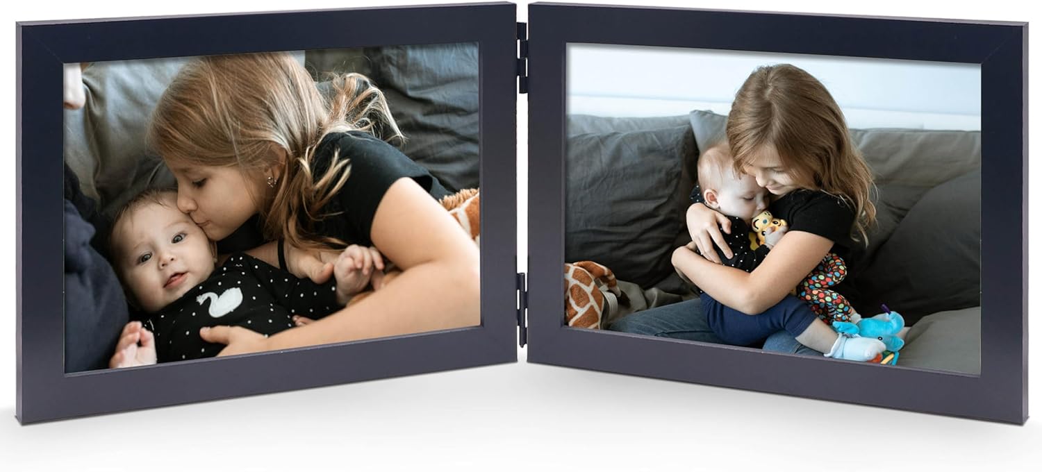 Double 5x7 Horizontal Combo, Black Wood Picture Frame, 4.5x6.5 Opening Foldable Landscape View Photo Frame on Table-top or Wall