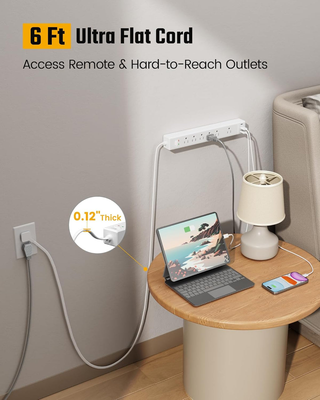 Flat Plug Surge Protector Power Strip, 6ft Ultra Thin Extension Cord with 3 USB, SUPERDANNY 6 Outlets Charging Station, Wall Mountable Outlet Extender for Home Office, College Dorm Room