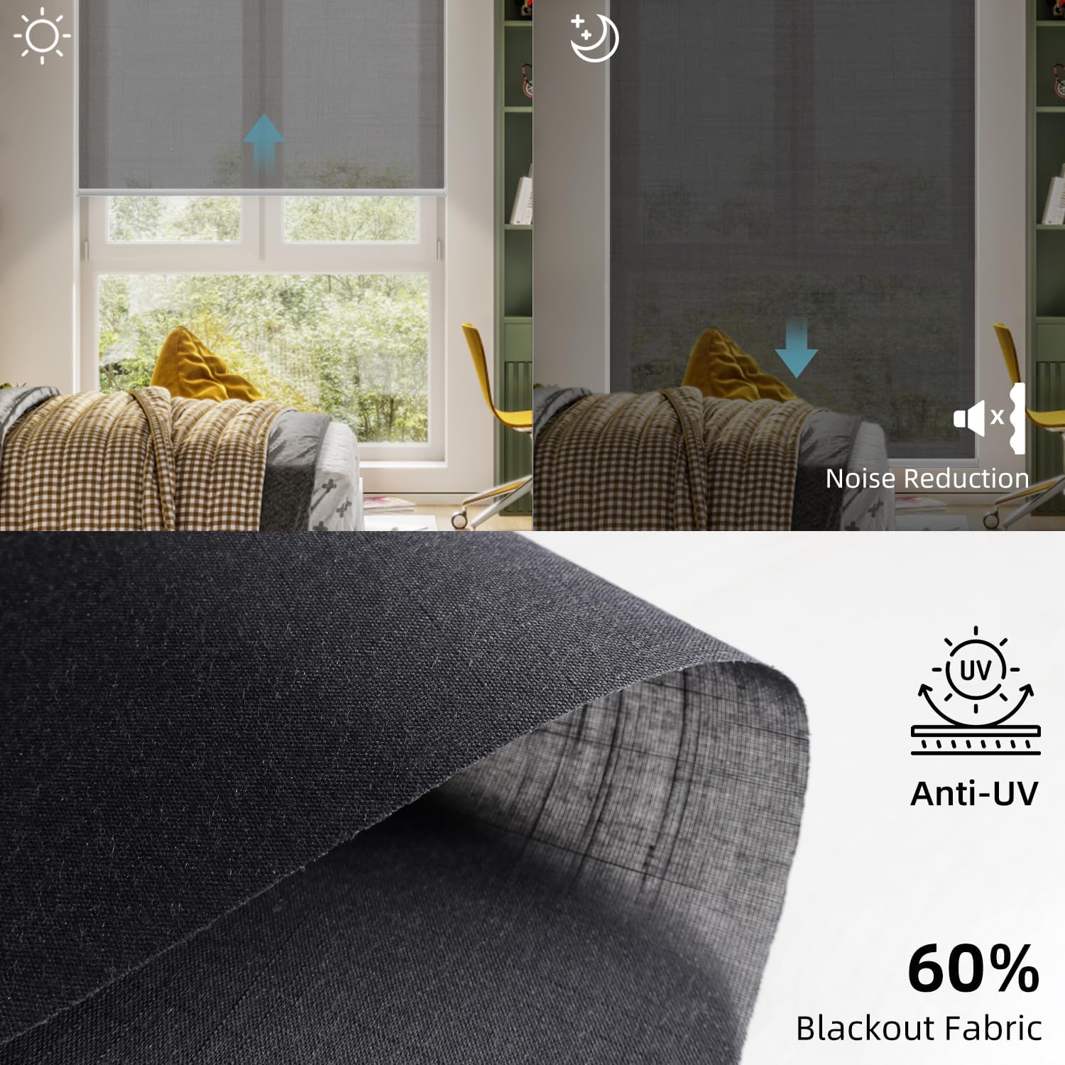 SmartWings Motorized Light Filtering Roller Shades 60% Blackout Work with Matter Homekit Alexa Z-Wave ZigBee SmartThings Google, Cordless with Remote Control, Twilight Shadow