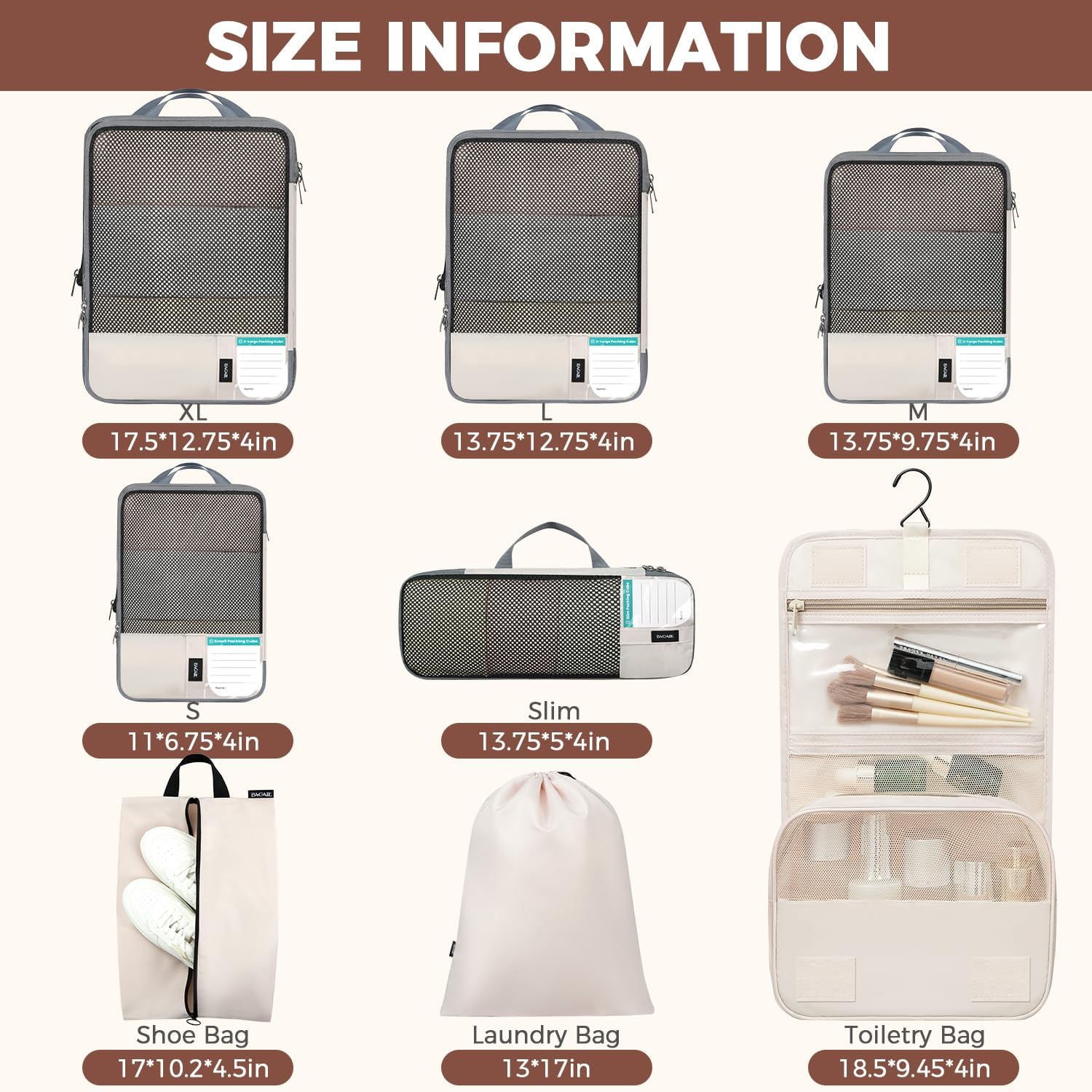 BAGAIL 4 Set/6 Set/8 Set Compression Packing Cubes Travel Accessories Expandable Packing Organizers (Half Mesh, 8-Beige)