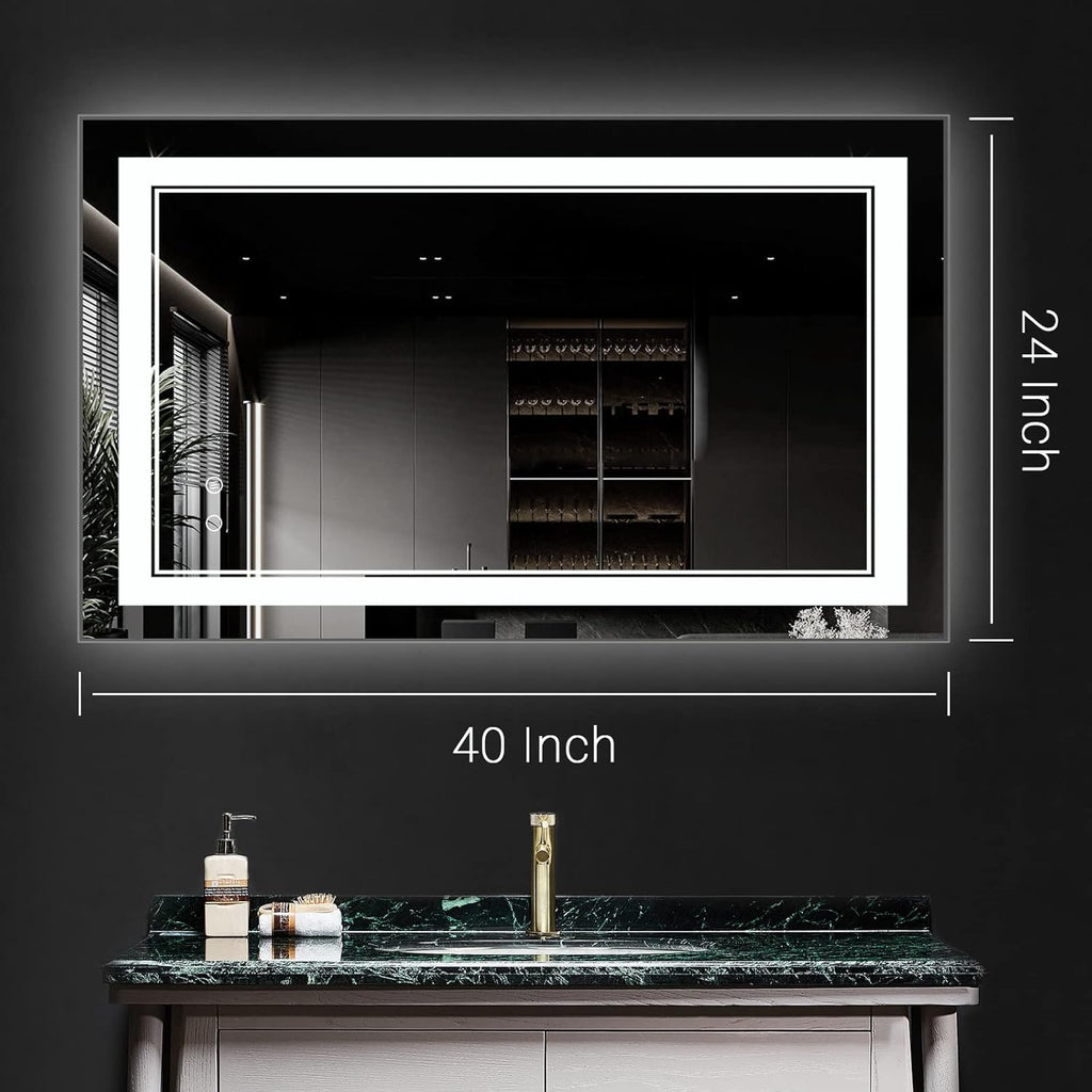 LED Bathroom Mirror Wall-Mounted Vanity Mirror with Anti Fog,Dimmable Waterproof Smart Touch Button Makeup Mirror with Lights Vertical & Horizontal (40x24 Inch)