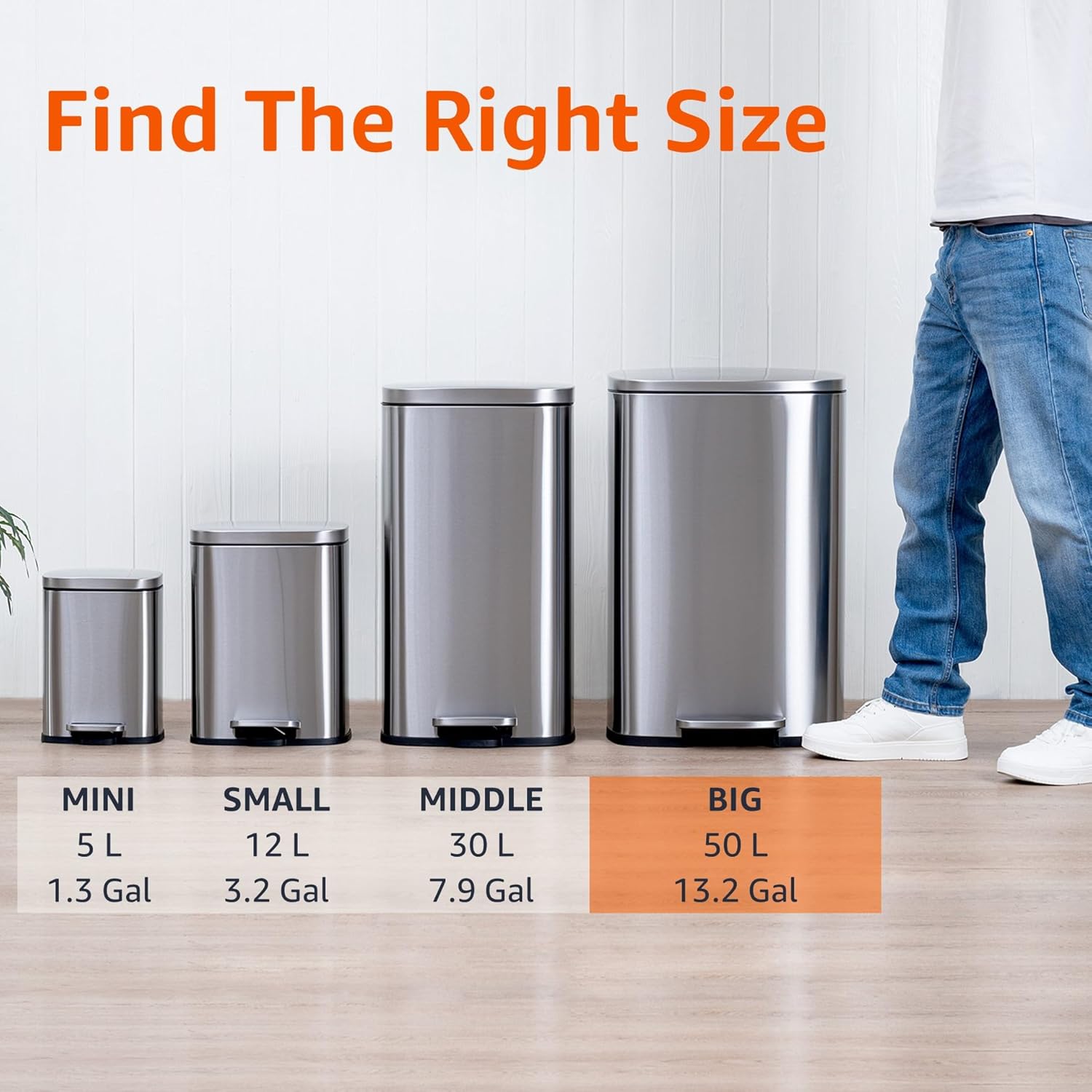 Amazon Basics Smudge Resistant Rectangular Trash Can With Soft-Close Foot Pedal, Brushed Stainless Steel, 50L/13.2 Gal, 16.7x14.7x25.9 in, Satin Nickel Finish