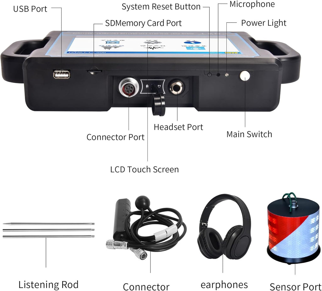 PQWT CL500 Water Leak Detectors for Home and Outside Wall Water Pipe Detector Acoustic Pipeline Leakage Detection Kit Professional Sensor Noise Reduce Headphone LCD Touchscreen Carry Case 5 Meters