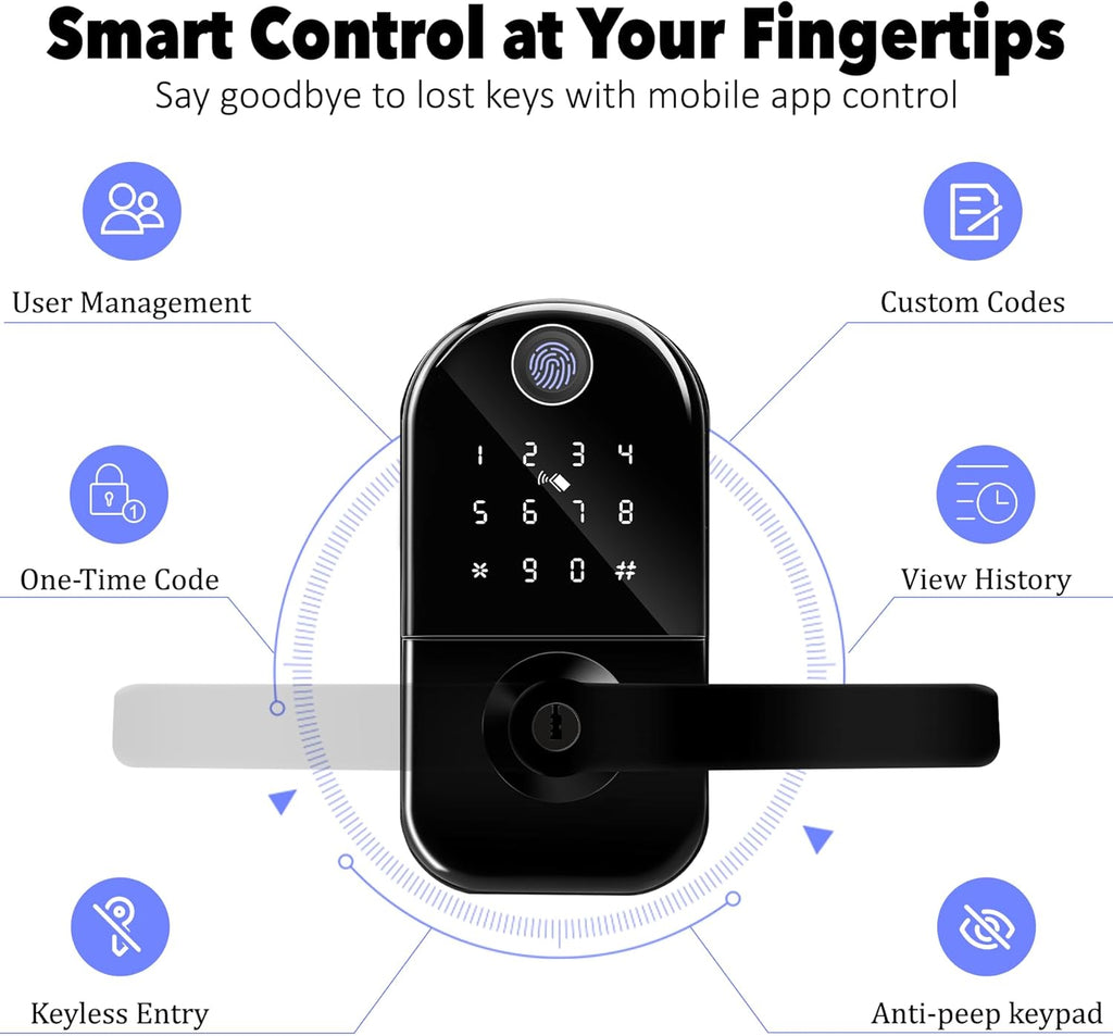 Fingerprint Smart Door Lock with Handle, Keyless Entry Door Knob with Digital Keypad, Electric Deadbolt Remote App Access & Doorbell, Digital Lock for Home, Office Matte Black