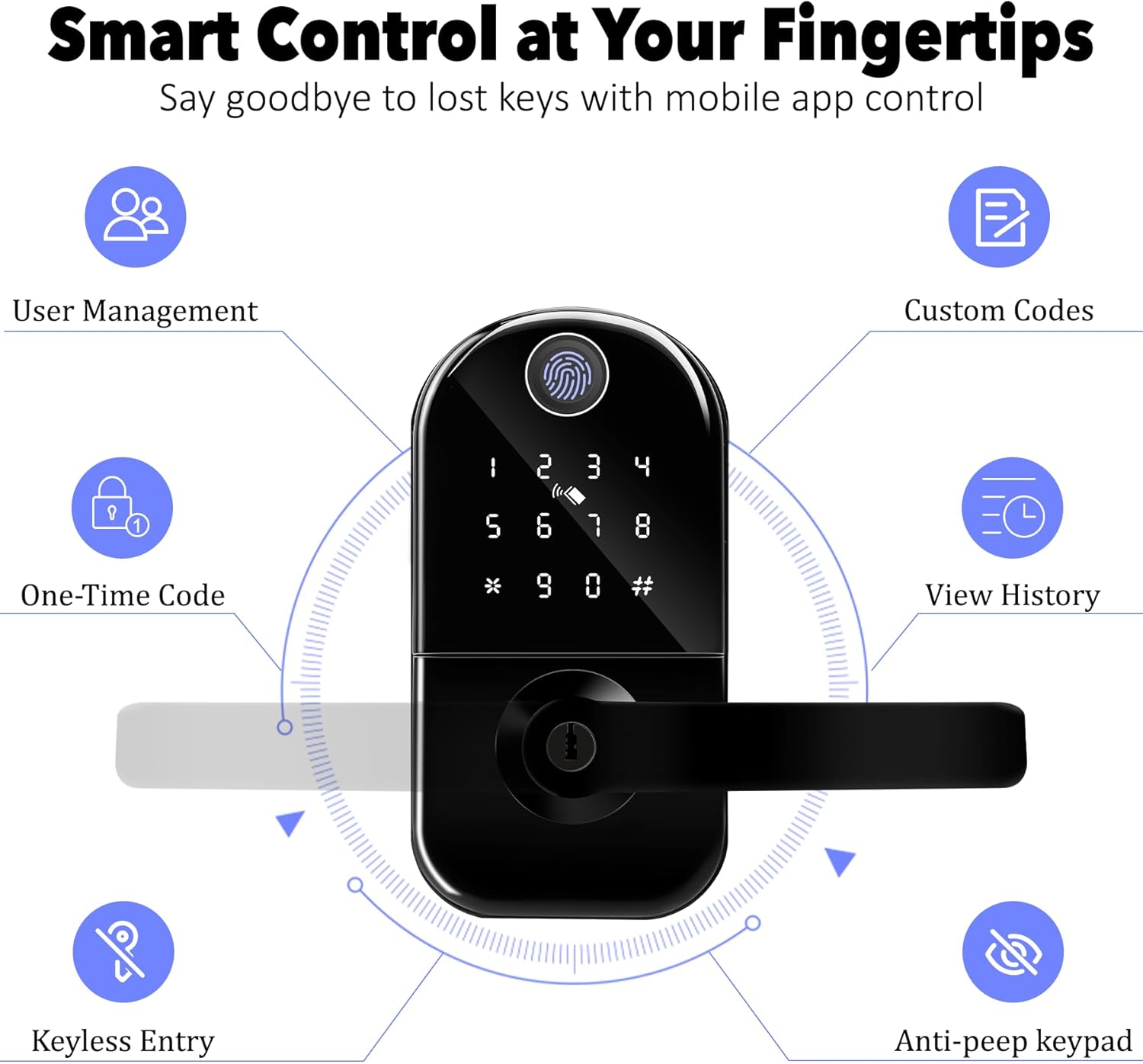 Fingerprint Smart Door Lock with Handle, Keyless Entry Door Knob with Digital Keypad, Electric Deadbolt Remote App Access & Doorbell, Digital Lock for Home, Office Matte Black