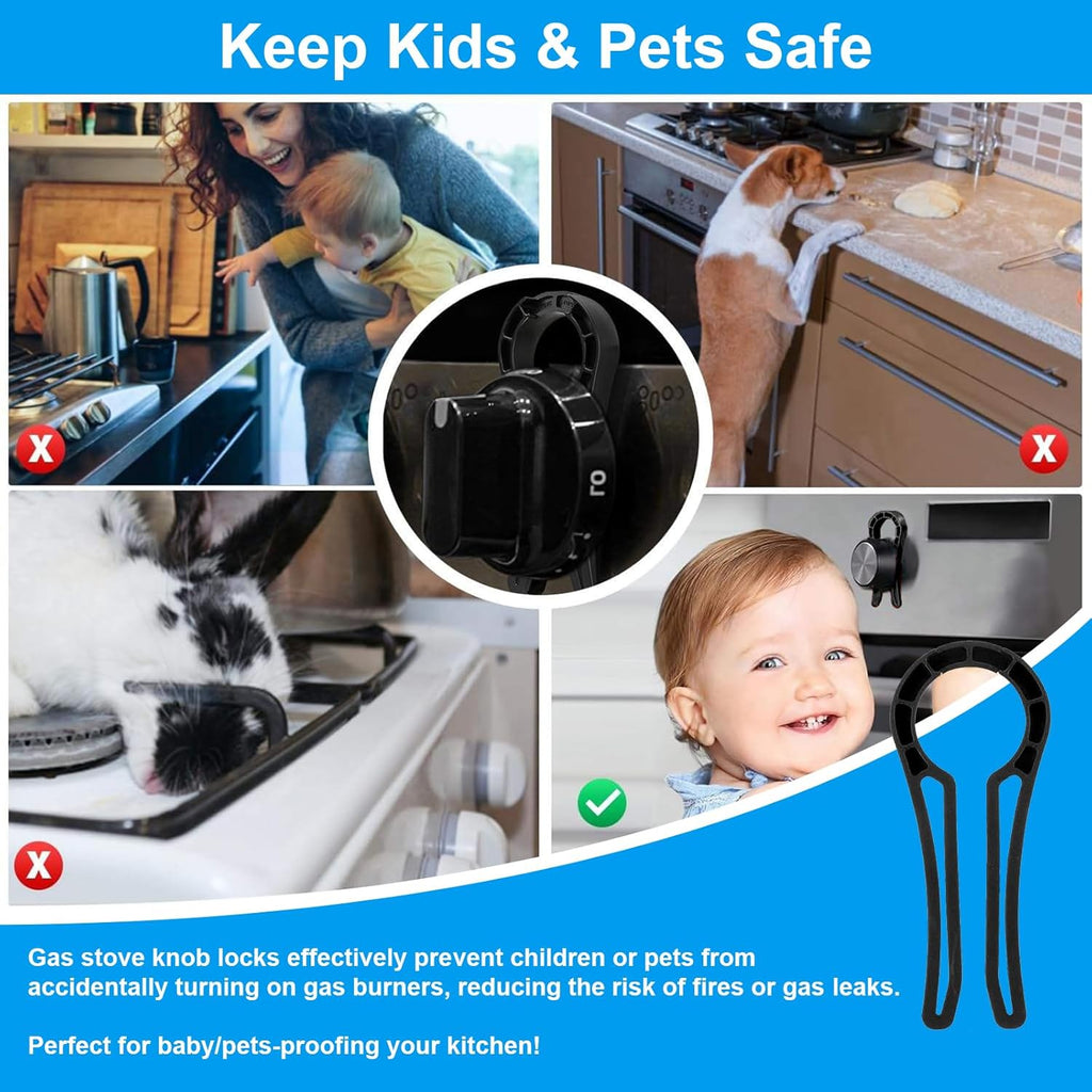 Gas Stove Knob Lock for Kids & Pets Safety,Gas Knob Lock to Effectively Prevent Accidental Touch,Easy to Install,Reusable PP Material,Fits Most Kitchen Sizes（BLACK,4PACK）