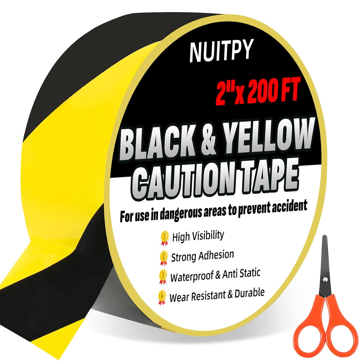 2'' x 200 FT Black & Yellow Caution Tape Roll, Safety Tape, Black & Yellow Floor Marking Tape, High Adhesive Hazard Tapes for Floors, Walls, Staircase, Pipes, Equipment, Dangerous Area