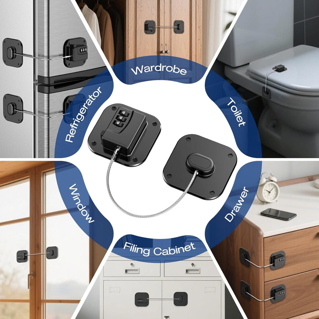Fridge Refrigerator Lock with Combination, Heavy Duty Lock for Cabinet, Drawers, Closet, Safety Easy Install No Keys Needed (Black-4Pack)