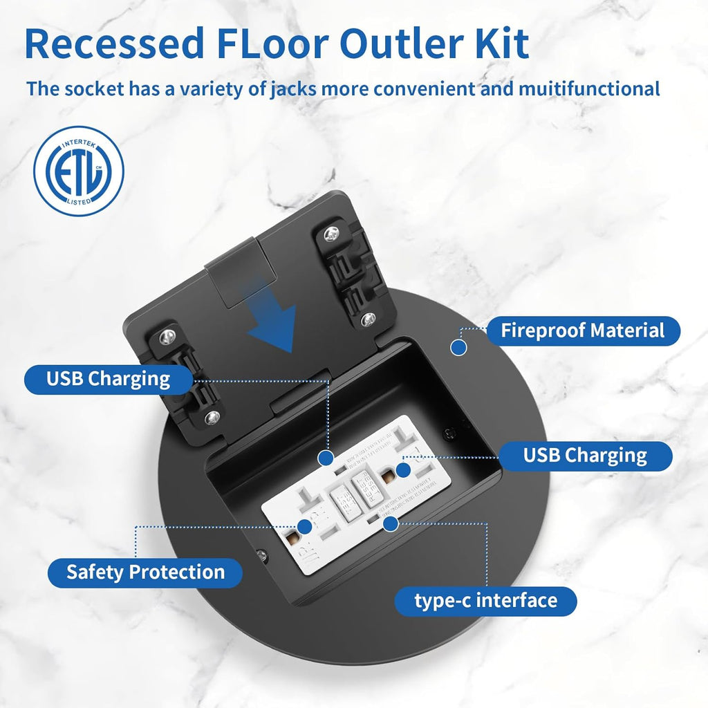 Vagueior Recessed Floor Electrical Outlet Kit, Circular Hidden Duplex GFCI Outlet 20 Amp,Tamper-Resistant Receptacle Outlet，Waterproof Electrical Outlet Covcer Box, UL Certified,Black（1 Pack