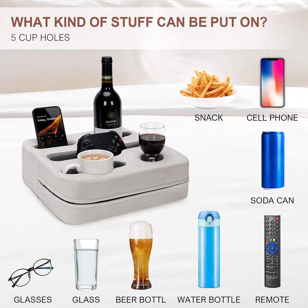 Couch Cup Holder Pillow - Sofa Cup Holder | Couch Caddy, Couch Drinks Remotes Holder for Cups, Headphones, Snacks, and Phones | Use it on Car, Pack, Beach, RV, and More(Silvergrey)