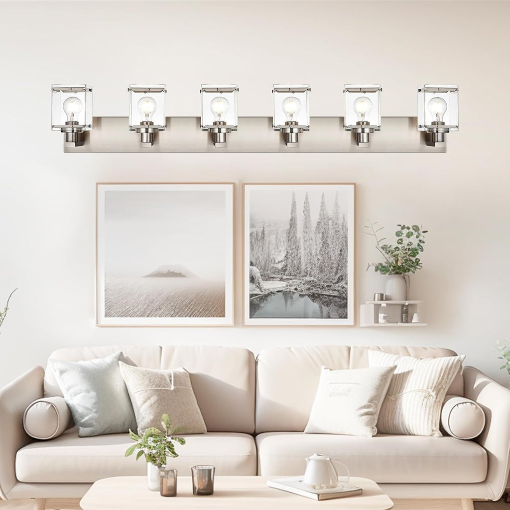 6-Lights Brushed Nickel Bathroom Light Fixture Over Mirror, Modern Wall Sconce with Clear Glass Shades, E26 Bulb Base Vanity Lighting for Over Mirror Kitchen